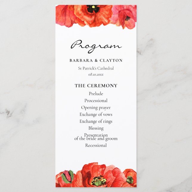 Programa Amapolas rojas acuarela boda (Anverso)