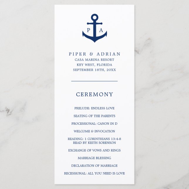 Programa Ancla Monograma Azul Marino Boda Náutica (Anverso)