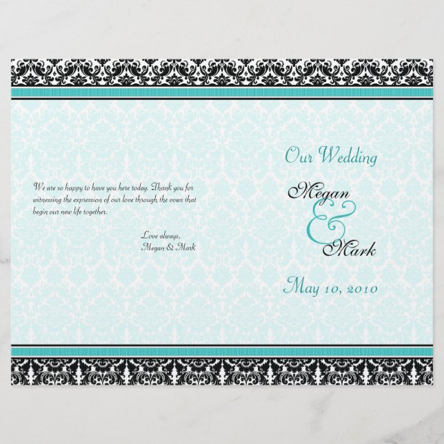 Programa Aqua Blue and Black Damask Wedding (Anverso)
