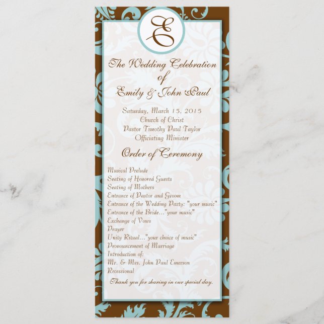 Programa Aqua Blue on Brown Damask Wedding (Anverso)