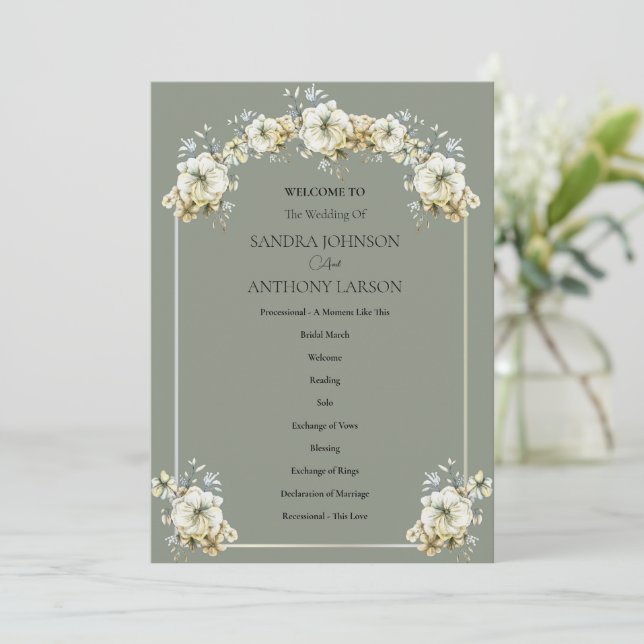 Programa Arched Sage Green Floral Wedding Program (Anverso de pie)