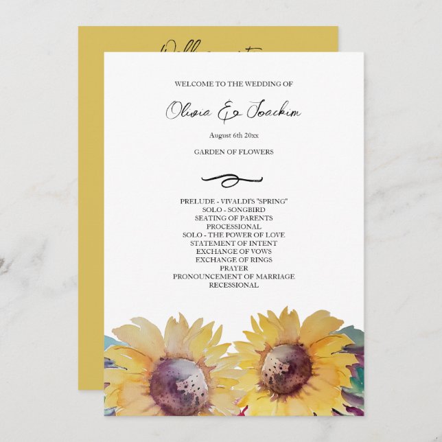 Programa Arte de acuarela de girasol artístico rústico (Anverso / Reverso)