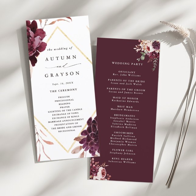 Programa Autumance Romance Gold Frame Burgundy Boda (Front & Back)