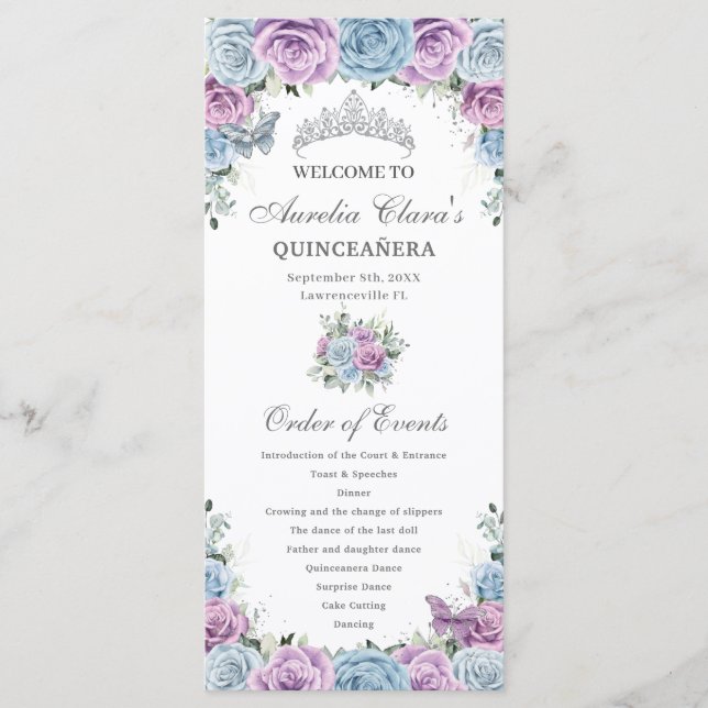 Programa Baby Blue Purple Floral Quinceañera Order Events (Anverso)