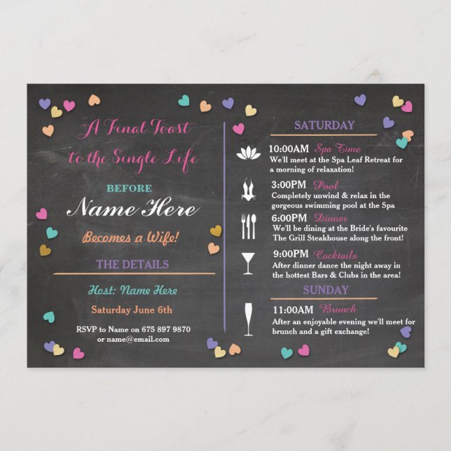 Programa Bachelorette Itinerary Weekend Bridal Shower Spa (Anverso)