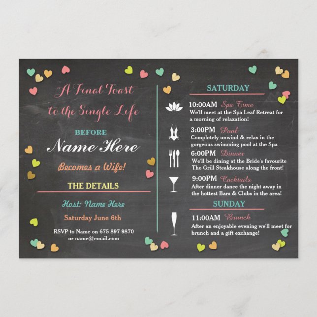 Programa Bachelorette Itinerary Weekend Hen Bridal Shower (Anverso)