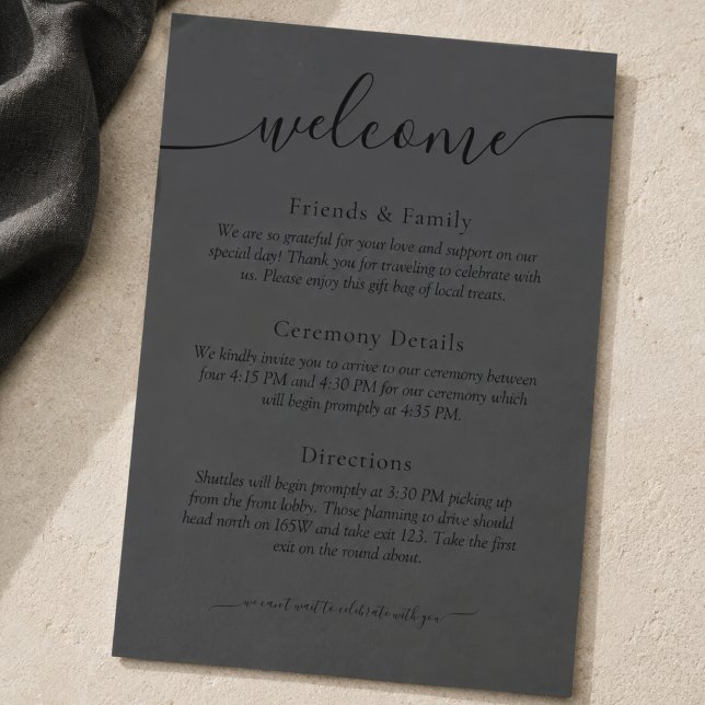 Programa Bienvenida de Boda Moderna en Negro y Carbón (Modern Black & Charcoal Wedding Welcome Program)