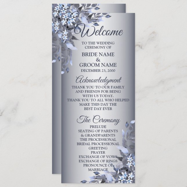 Programa Bienvenido Boda Navy Blue Floral Silver Elegante (Anverso / Reverso)