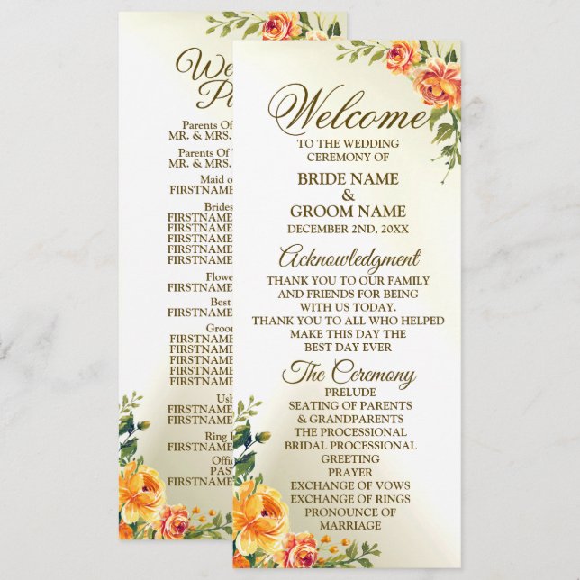 Programa Bienvenidos Naranja Boda Yellow Red Floral Greener (Anverso / Reverso)