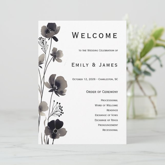 Programa Black and White Floral Wedding (Anverso de pie)