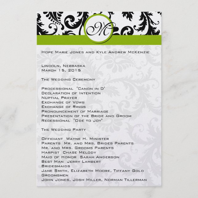 Programa Black Damask Swirl Apple Green Wedding (Anverso)