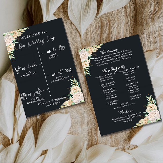 Programa Black Floral Wedding Program & Timeline Card (Subido por el creador)