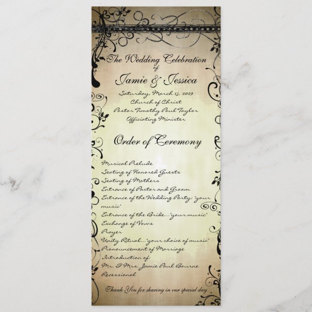 Programa Black Funky Elegant Swirls Wedding Program (Anverso)