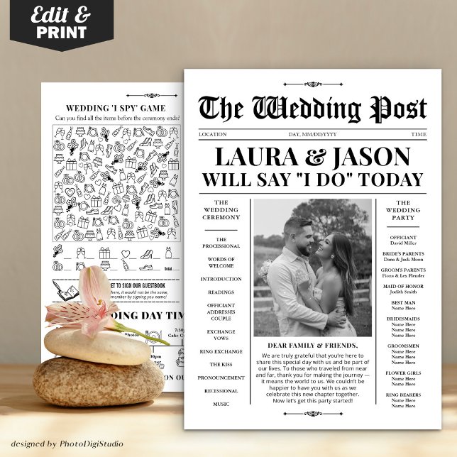 Programa Black White Wedding + Periódico Timeline (Black White Wedding Program + Timeline Newspaper)