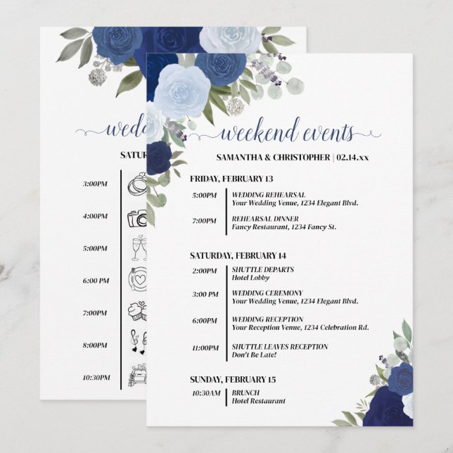Programa Blue Boho Roses Wedding Events & Timeline (Anverso / Reverso)