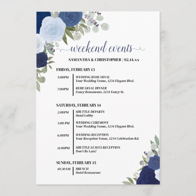 Programa Blue Boho Roses Wedding Events & Timeline (Anverso)