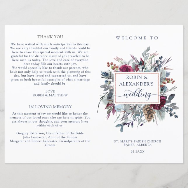 Programa Blue Burgundy Purple Floral Doble Wedding (Anverso)
