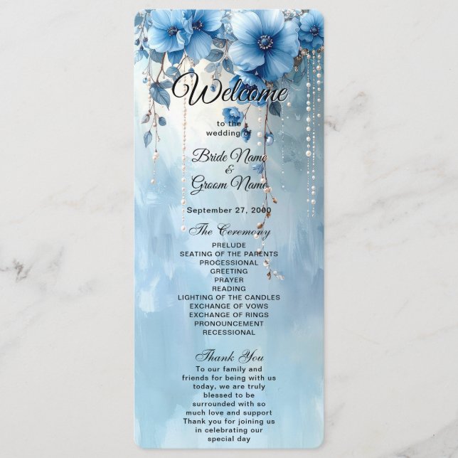 Programa Blue Flowers and Pearls Wedding Program (Anverso)