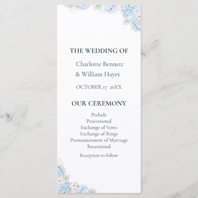 Programa Blue Hydrangea Watercolor Floral Wedding Program (Anverso)