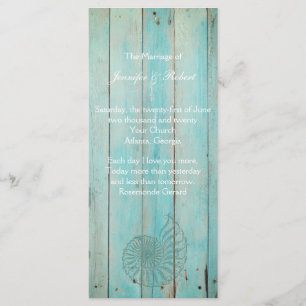 Programa Blue Seashell on Wood Beach Wedding Program