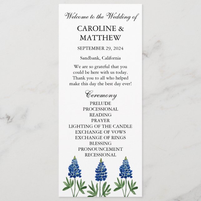 Programa Bluebonnets Blue Floral Elegant Boda moderno (Anverso)