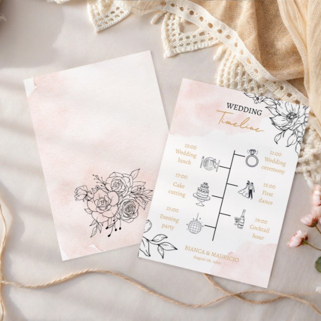 Programa Blush Watercolor & Black Floral Wedding Timeline (Blush Watercolor & Black Floral Wedding Timeline Program)