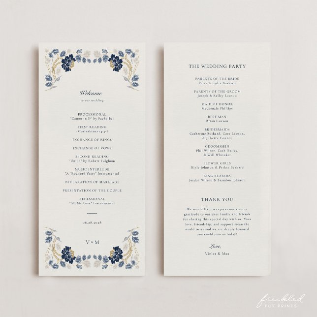 Programa Boda Art Nouveau Floral Azul Marino Dorado (Navy Blue and Gold Art Nouveau Wedding Program)