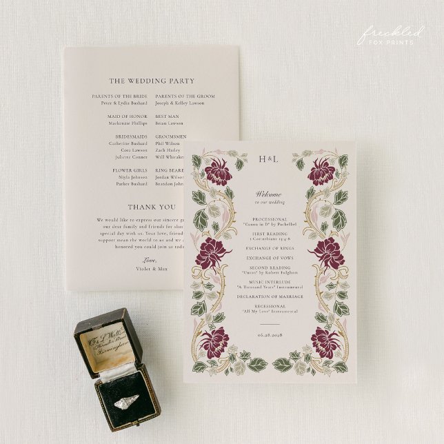 Programa Boda Art Nouveau Floral Borgoña (Burgundy Floral Art Nouveau Wedding Program)