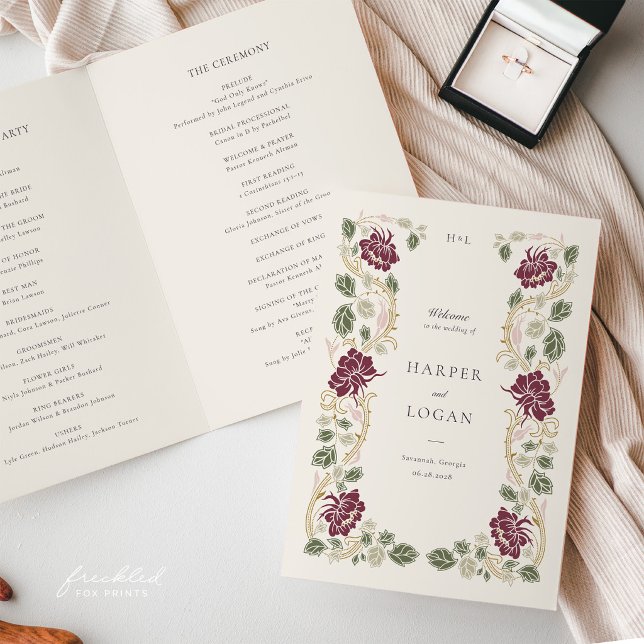 Programa Boda Art Nouveau Floral Borgoña (Burgundy Floral Art Nouveau Wedding Program Booklet)