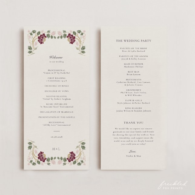 Programa Boda Art Nouveau Floral Borgoña (Burgundy floral Art Nouveau Wedding Program)