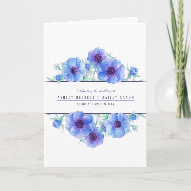 Programa Boda azul anemónico flores acuarela arte (Anverso)