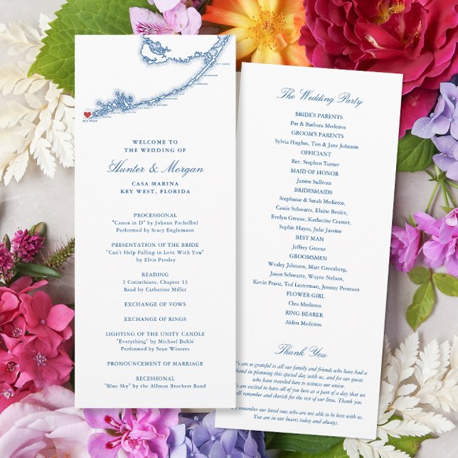 Programa Boda azul de la Marina Elegante del Mapa FL Occide (Key West FL Map wedding program for an elegant navy blue destination wedding by Coastal Map Designs)