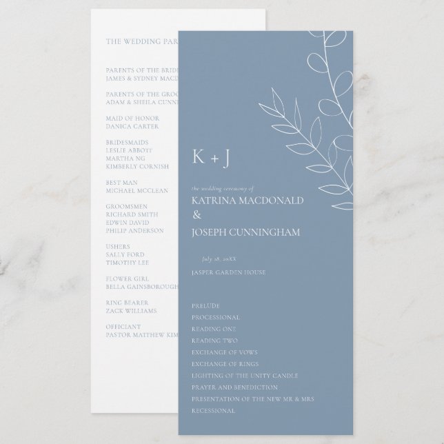 Programa Boda Azul Polvoriento Ceremonia Minimalista Elegan (Anverso / Reverso)