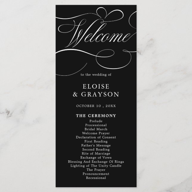 Programa Boda blanco negro atemporal de caligrafía moderna (Anverso)