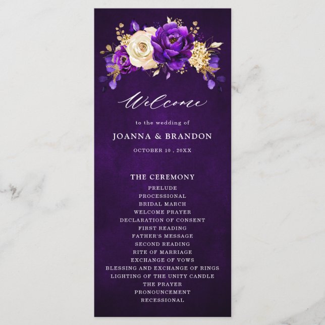 Programa Boda Botánico Royal Purple Violet Gold Floral (Anverso)