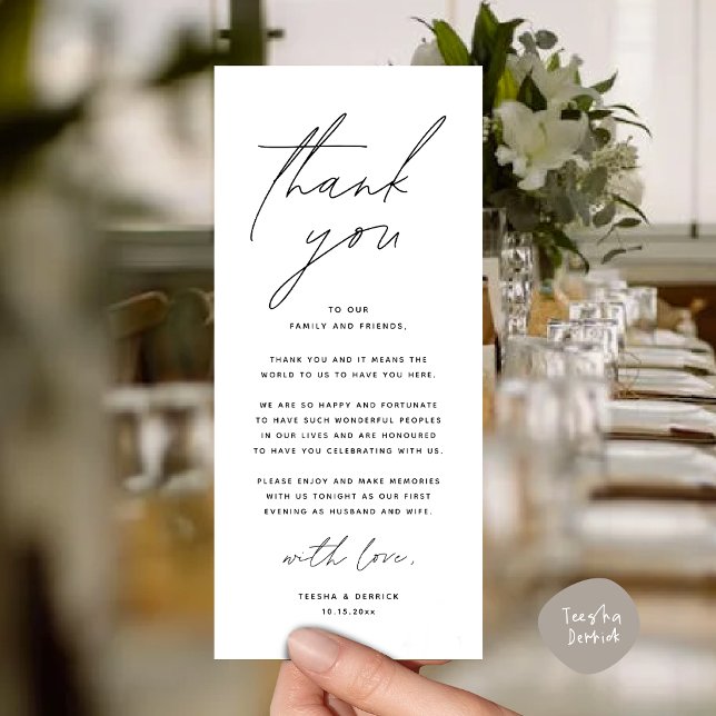 Programa Boda Cena Fiesta Configuración de lugar Gracias Ta (Modern Romantic Wedding Place Setting Thank You Card for Dinner Brunch Lunch Party  in White Black)