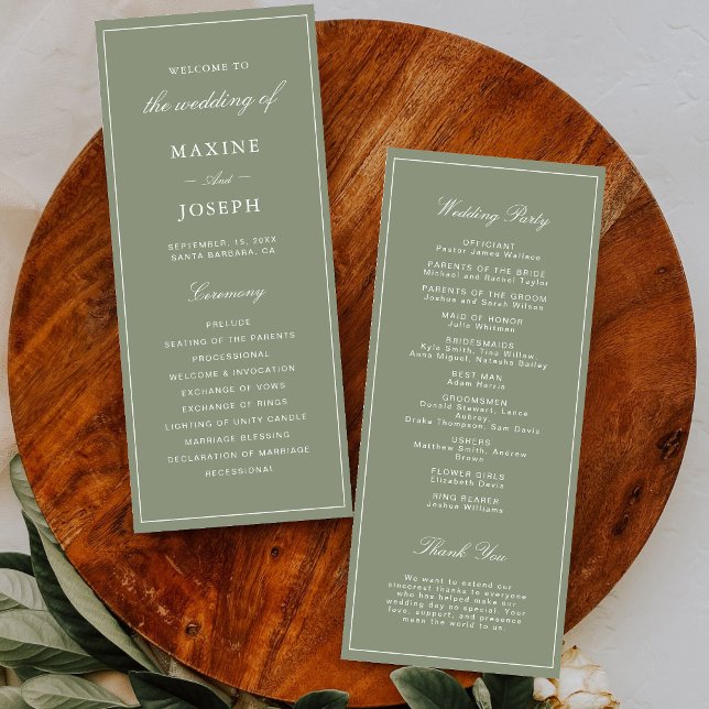 Programa Boda Clásica con Guion en Verde Polvoriento (Classic dusty green wedding programs guide guests through your celebration with timeless elegance.)