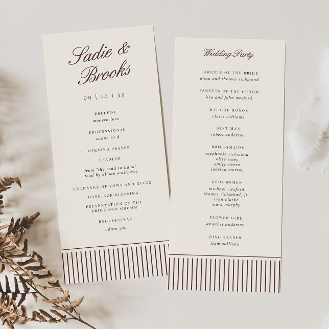 Programa Boda Clásica con Pinstripe Burgundy Oscuro Script (Subido por el creador)