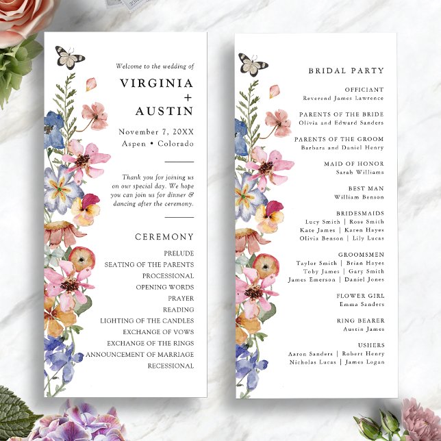 Programa Boda Colorida de Flores Silvestres (Wildflower Colorful Watercolor Wedding Program by Painted Paperie
)