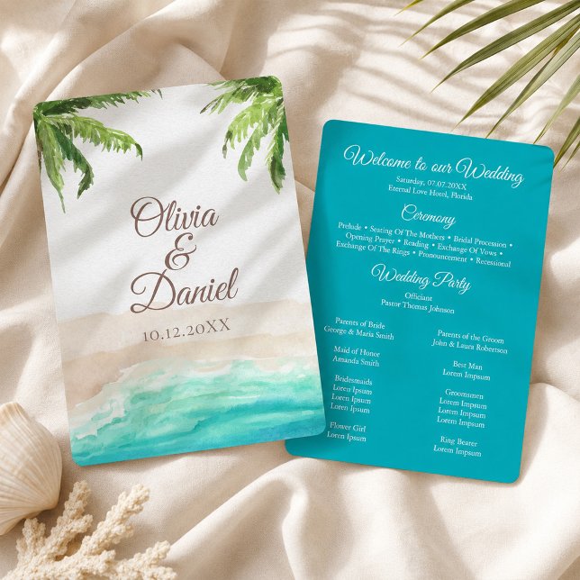Programa Boda con acuarela de playa tropical y palmeras (Watercolor Tropical Beach and Palm Trees Wedding Program)