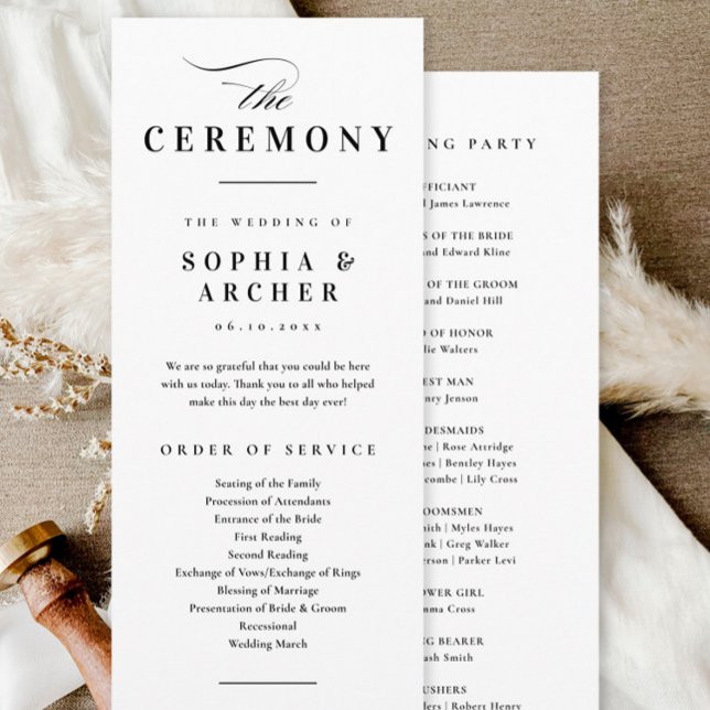 Programa Boda con Caligrafía Elegante en Blanco y Negro (Elegant simple black and white wedding ceremony program.)