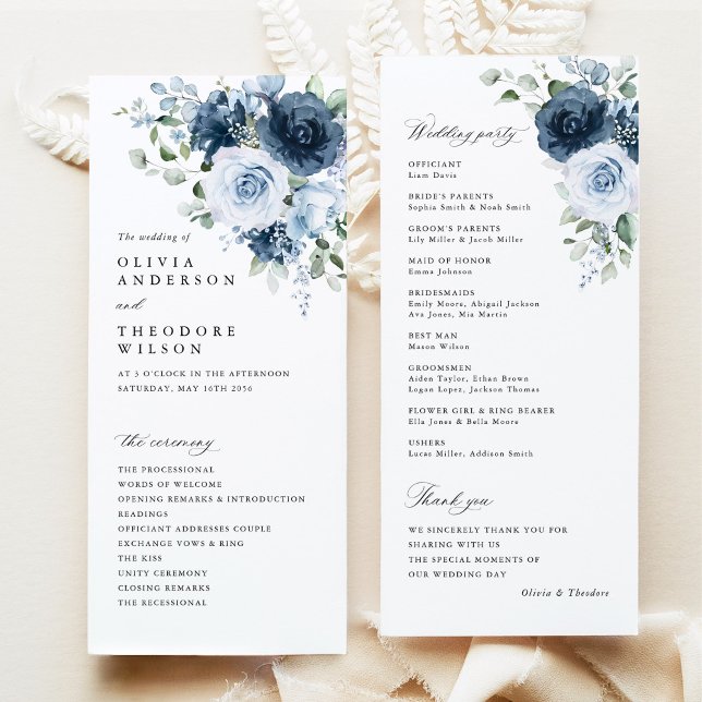 Programa Boda con Ceremonia de Acuarela Floral de Azul Polv (Dusty blue navy floral wedding program set, watercolor bouquet, elegant fine art stationery)