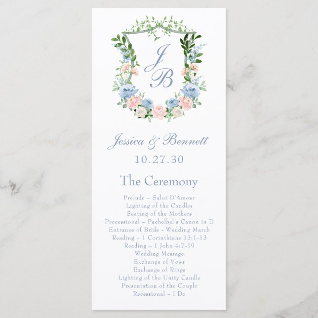 Programa Boda con Cresta Floral Azul Polvoriento (Anverso)