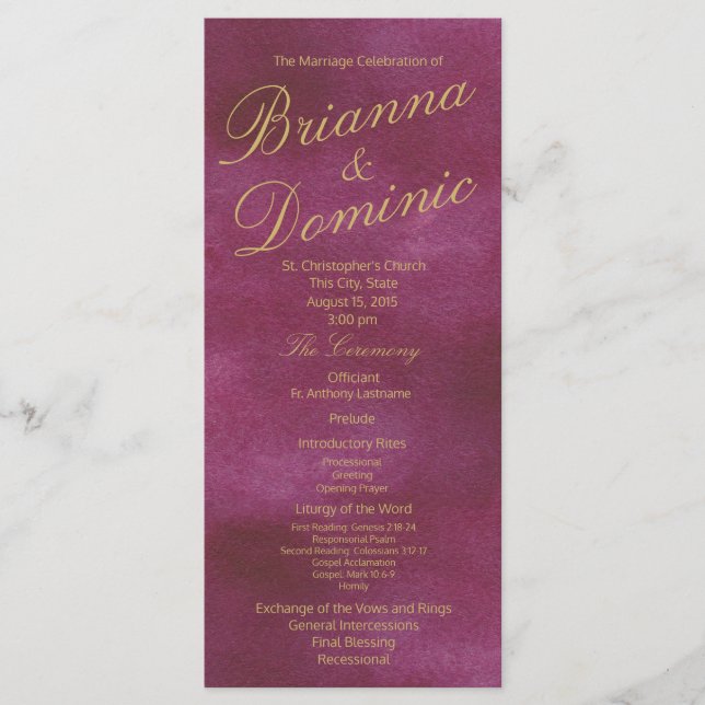 Programa Boda Cranberry and Gold Watercolor (Anverso)