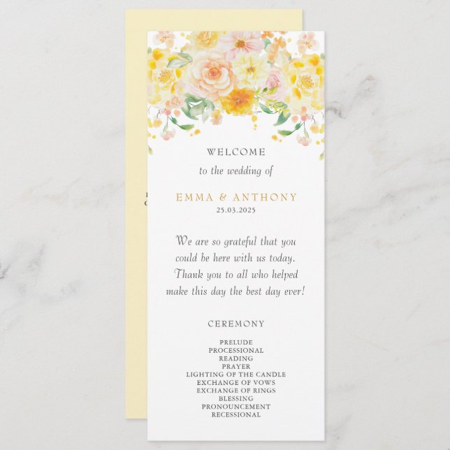 Programa Boda de acuarela floral amarilla de mantequilla ro (Anverso / Reverso)