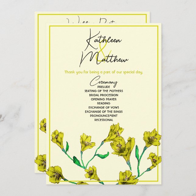 Programa Boda de acuarela floral amarillo (Anverso / Reverso)