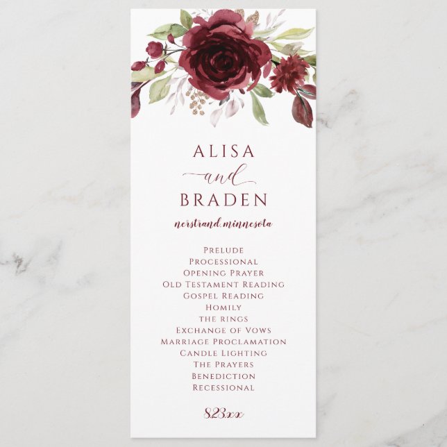 Programa Boda de Acuarela Floral de Vino Tinto de Borgoña (Anverso)