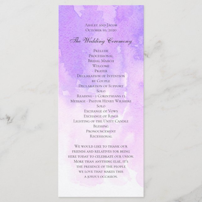 Programa Boda de acuarela púrpura. Violeta lila elegante (Anverso)