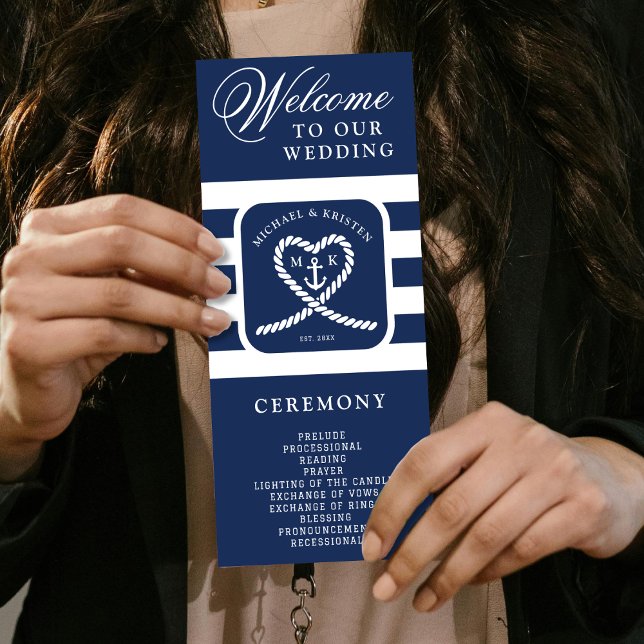 Programa Boda de Ancla de Corazón con Banda Azul Náutica (Nautical Blue Striped Heart Anchor Wedding Program
)
