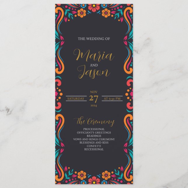 Programa Boda de arte folclórico tradicional floral negro m (Anverso)